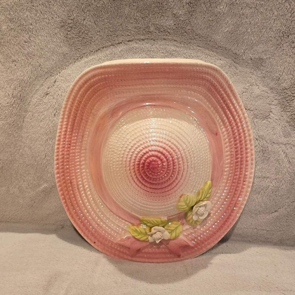 Vintage Pink Ceramic Sun Hat Wall Pocket Floral Decorative Hanging Planter 7.5"